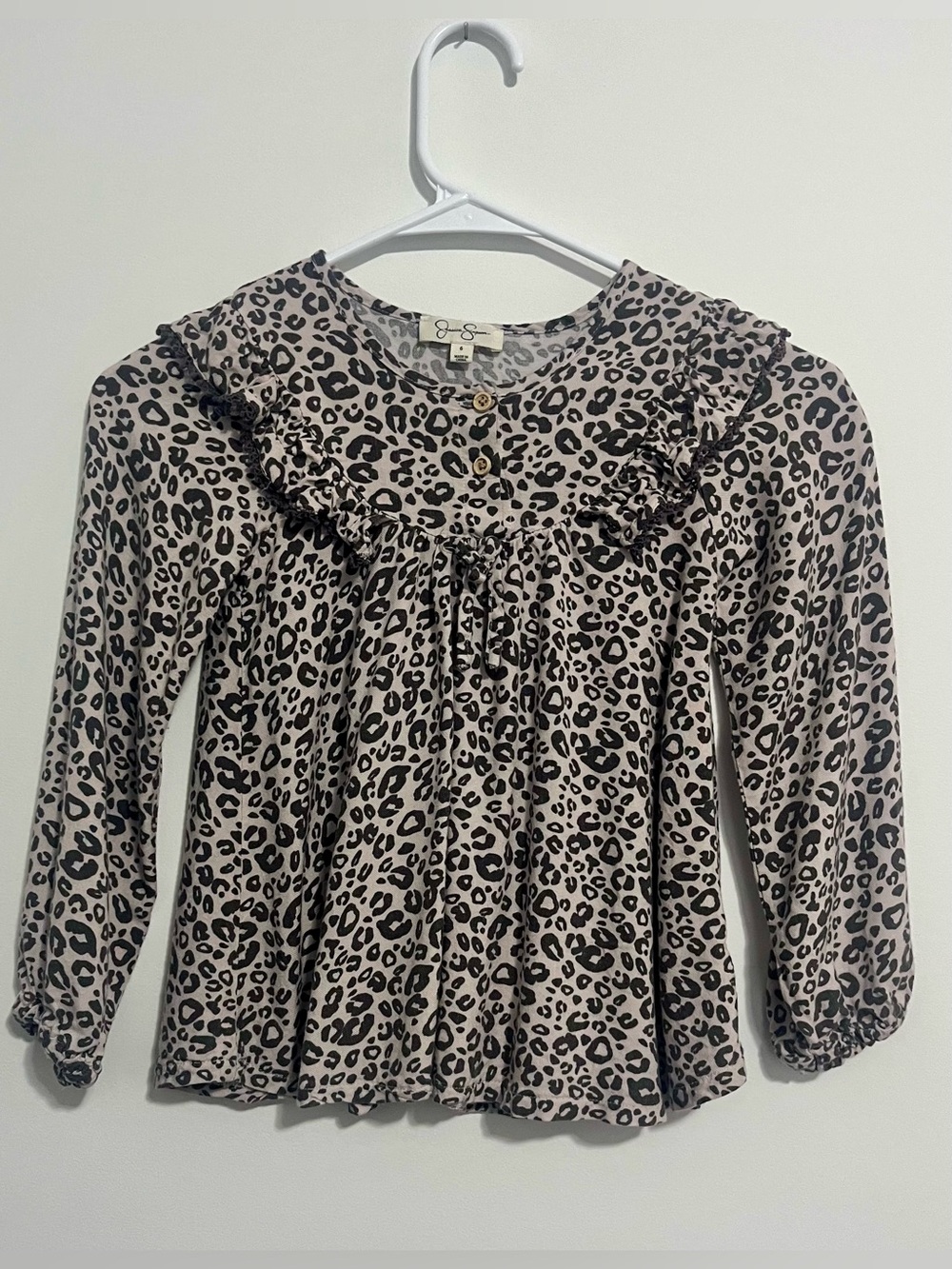 Jessica Simpson Beige and Black Leopard Ruffle Long-Sleeve Top